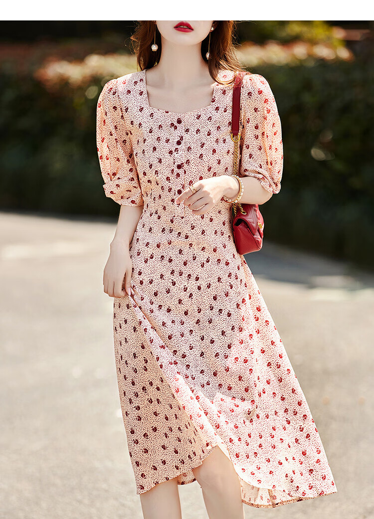 Dme Chiffon Floral Print Summer Waist-Cinching A-Line Square Neck Puff Sleeve Floral Single Row Decorative Button Dress for Women, Summer, Goose Yellow, L 2