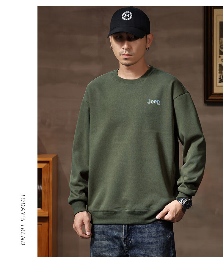 JEEP Men's Sweatshirt, New Spring And Autumn 2026 Style, Trendy Round Neck, Loose Long-Sleeve Casual Sportswear Top for Men, Fashionable 15
