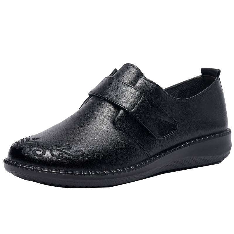 LAORENTOU Women's Comfortable Breathable First Layer Cowhide Round Toe Commuting Mid-Age Mom Shoes 220217N Black Size 37