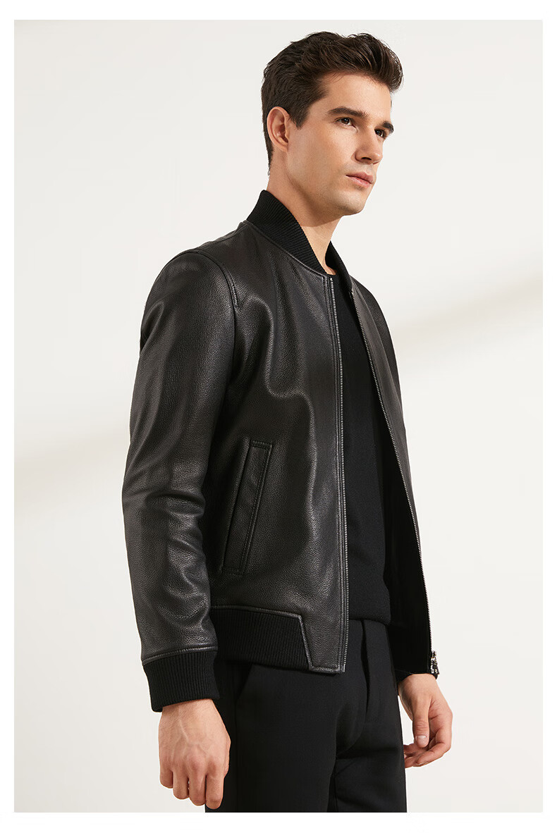 雪豹男士皮夹克 绵羊皮皮衣棒球领时尚休闲短款外套 黑色 52