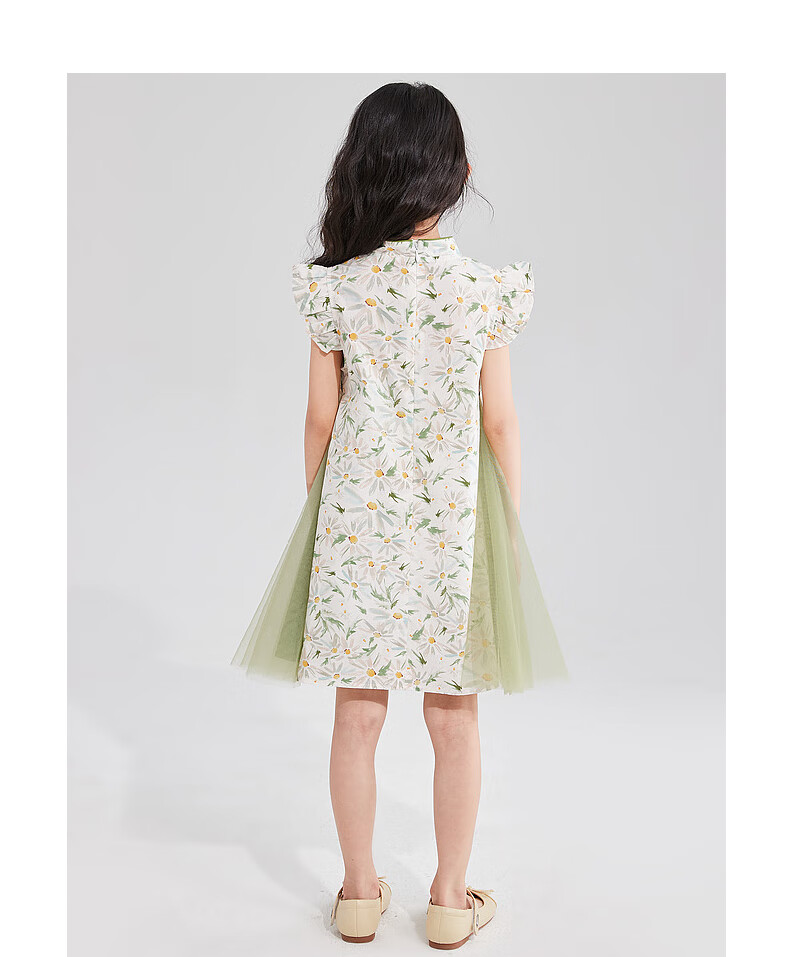 DEESHA Girls' 2025 Summer Printed Mesh Hanfu Qipao, Green Floral Print, Size 90 16