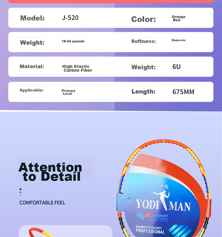 Yodiman Training Badminton Racket, Ultra-Light 6U, Full Carbon Fiber, Single Racket, 520g (Pre-Strung 23 Lbs) 18