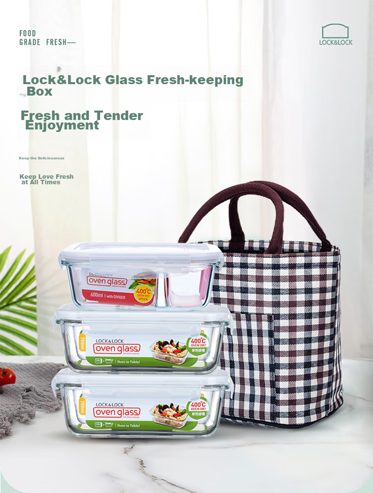 LOCK&LOCK Heat-Resistant Glass Food Storage Container Set, Microwave-Safe Lunch Box, Sealed Bento Box, Meal Container, 750ml*2 + 600 Divider + Bag 2