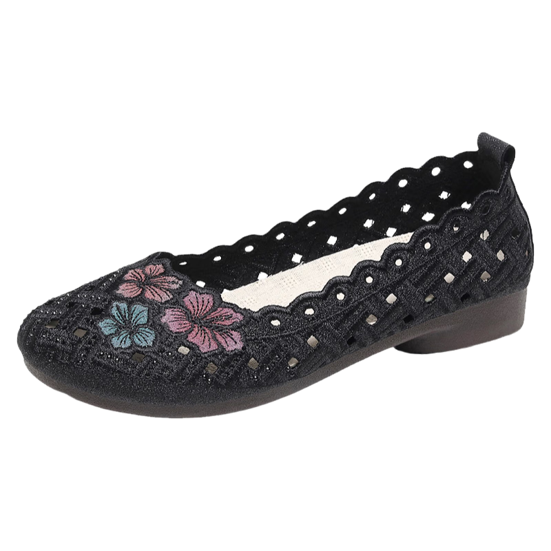 Anglerfish Summer Old Beijing Cloth Shoes Women Mesh Breathable Embroidered Comfortable Mom Shoes 66675 Black 37