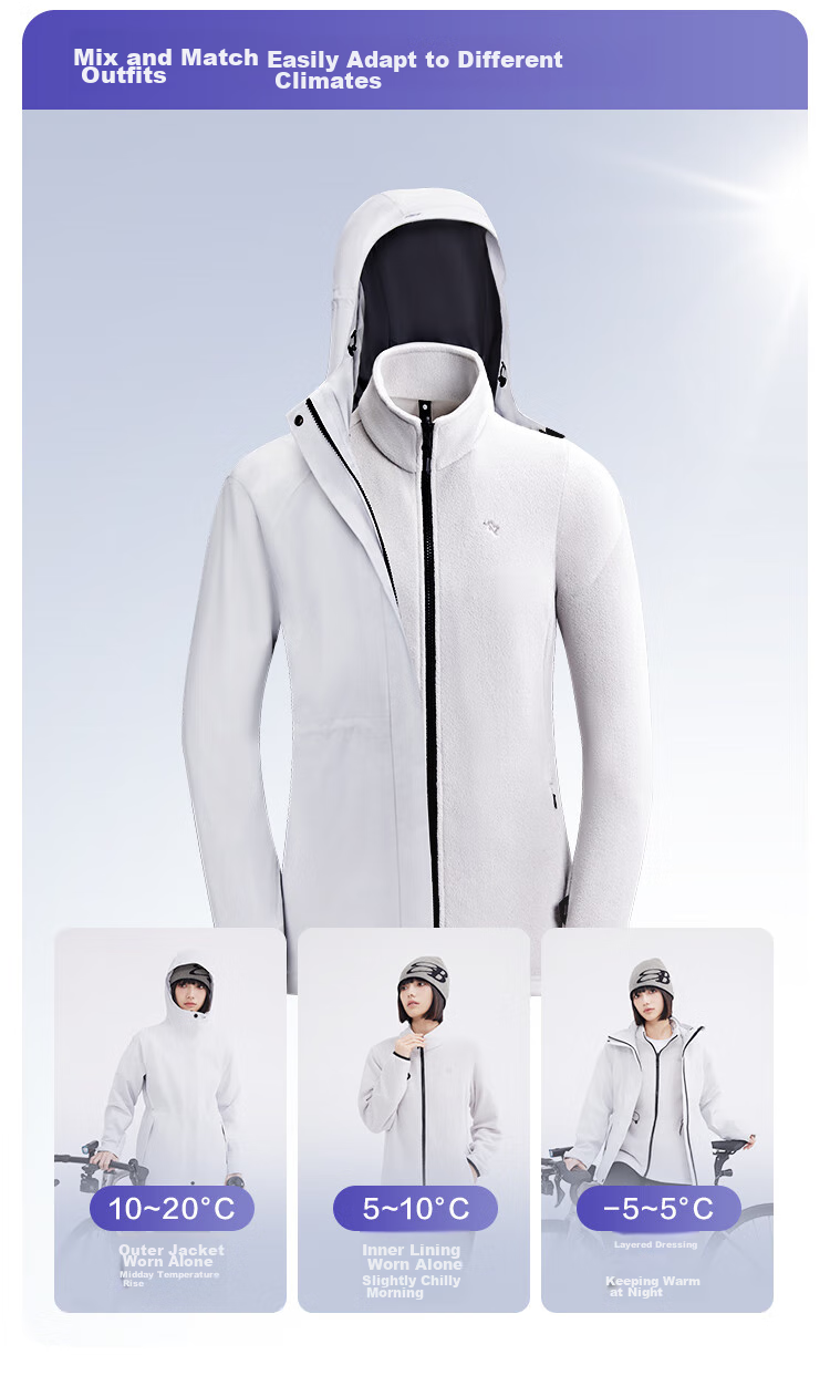 JD Original Climbing Fleece Jacket with Inner Liner, Three-In Spring Women's Outdoor Warm Coat, Glacier Gray, Size S 14