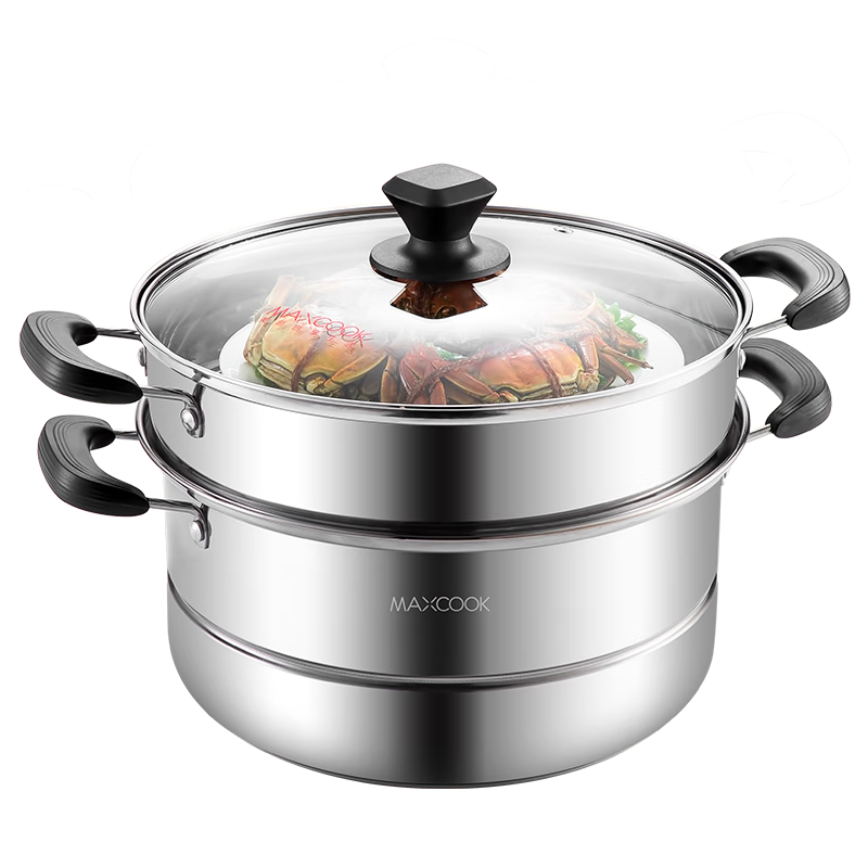 MAXCOOK Two-Layer Steamer Pot 34cm Stainless Steel Base Steamer Pot Compatible with Gas Stove And Induction Cooker Suitable for 2-8 People