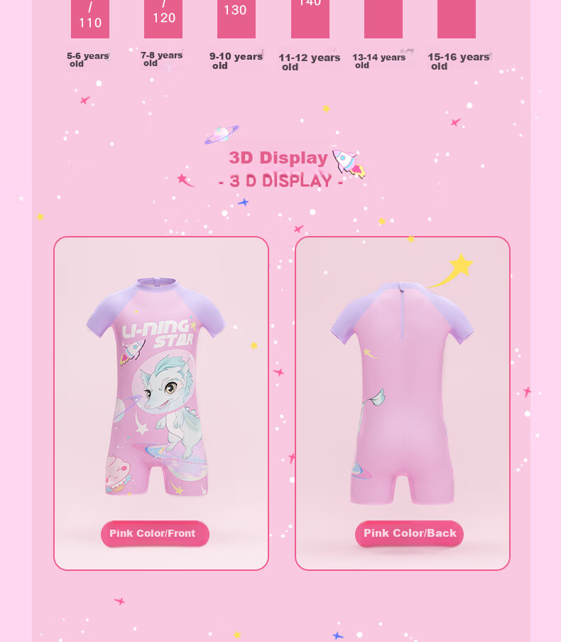 Li-Ning Children's Swimsuit, Girls' One-Piece Cartoon Print, Breathable Quick-Dry Swimwear, Hot Spring Bathing Suit, 906 Pink, Size 130 9