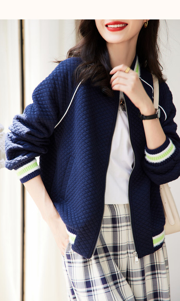 Dme Knitted Chanel-Style Spring And Autumn Baseball Collar Long-Sleeve Zipper Slightly Stretchy Quilted Jacket for Women, Short Style, Off-White, M 35