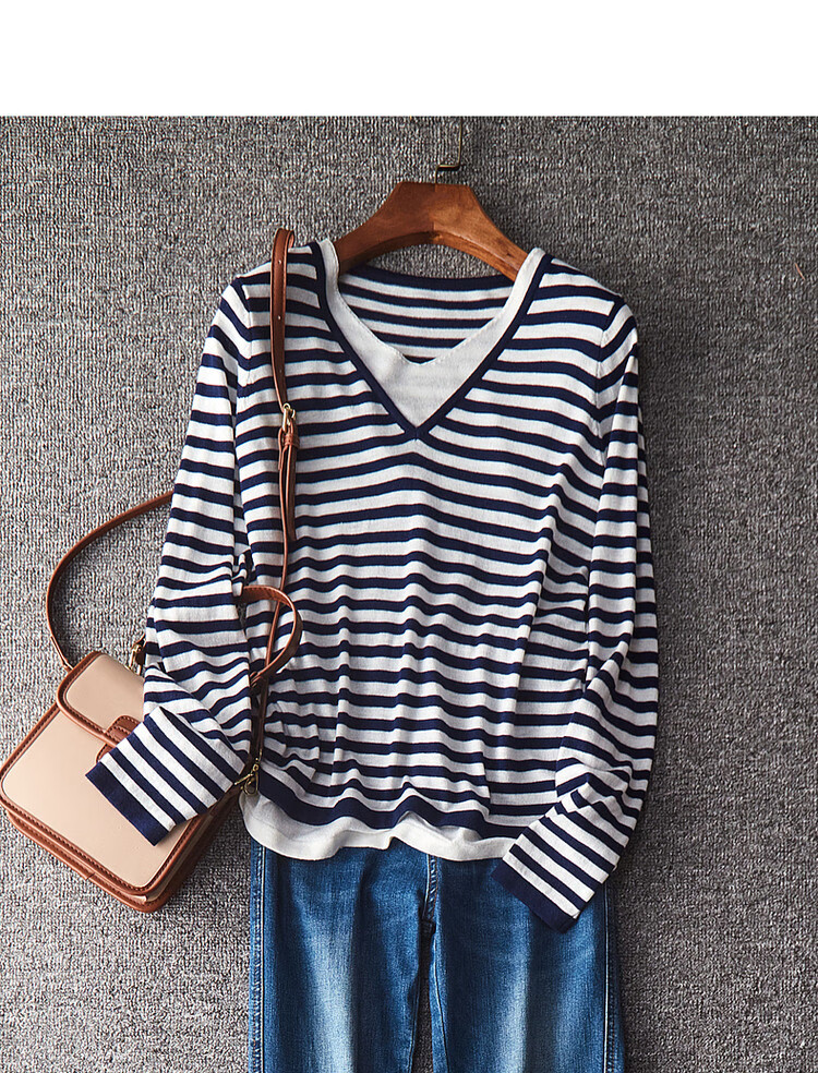 Dme [Color-Block Casual Knit Sweater] Spring And Autumn Commuter V-Neck Loose Long-Sleeve Sweater for Wome 19