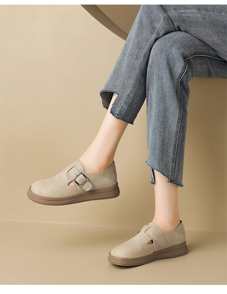 ZHR Women's Single Shoes, Versatile And Simple Soft-Soled Birkenstock-Style Shoes, Comfortable Buckle Women's Shoes, JF20, Apricot Color, Size 38 10