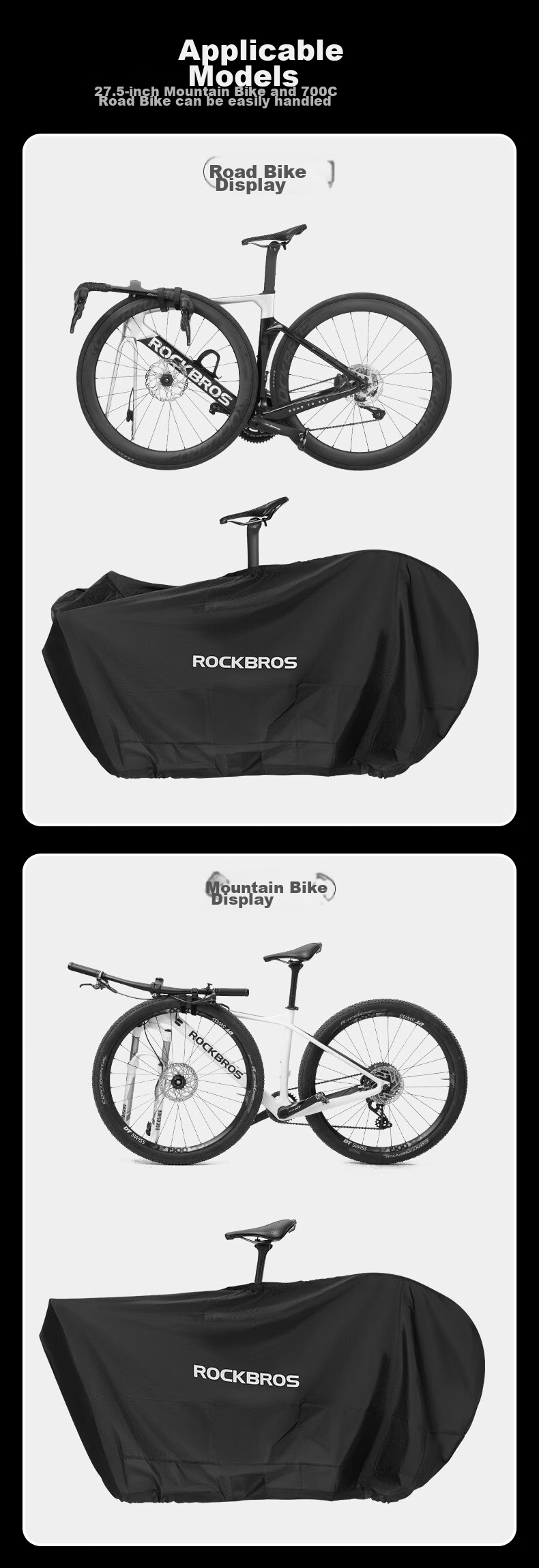ROCKBROS Bicycle Full Bike Cover for 26-Inch And 27.5-Inch Mountain Bikes, 700C Road Bikes, Cycling Storage Bag, Black 5