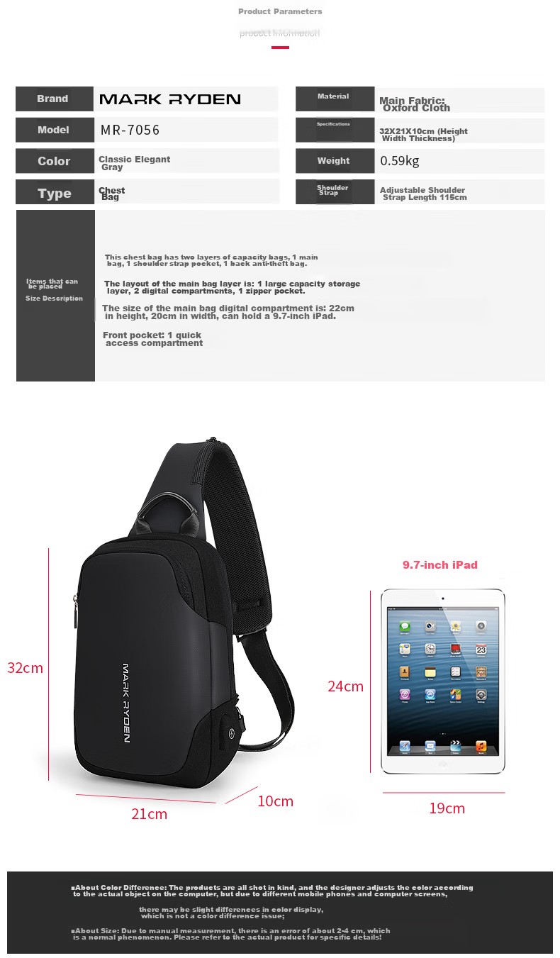 MARK RYDEN Chest Bag, Men's Crossbody Bag, Sports Trendy Shoulder Bag, Small Backpack, 9.7-Inch IPad Bag, MR7056, Elegant Black 14