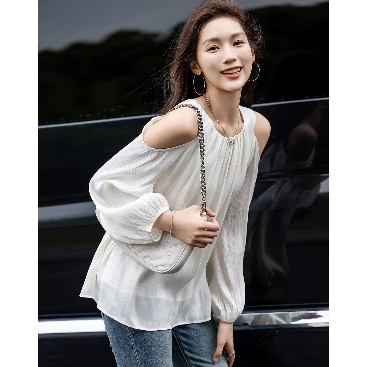 Dme [Qingyan Fanhua] Spring And Autumn Korean-Style Beautiful Women's Design-Inspired Off-Shoulder Shirt, Delicate And Comfortable, Slimming Blouse