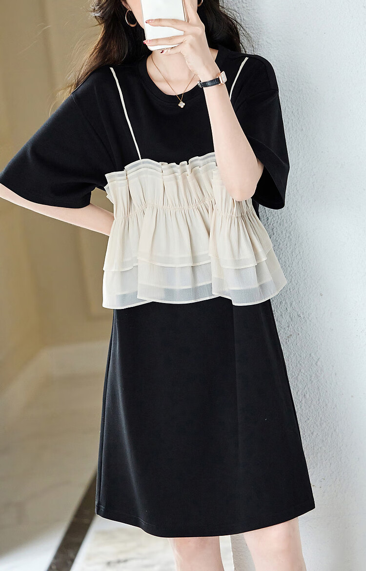 Dme [Light French Style Guide] Summer Round Neck Flowy Mesh Spliced Knit Gentle Knit Dress, Mid-Length for Wome 9