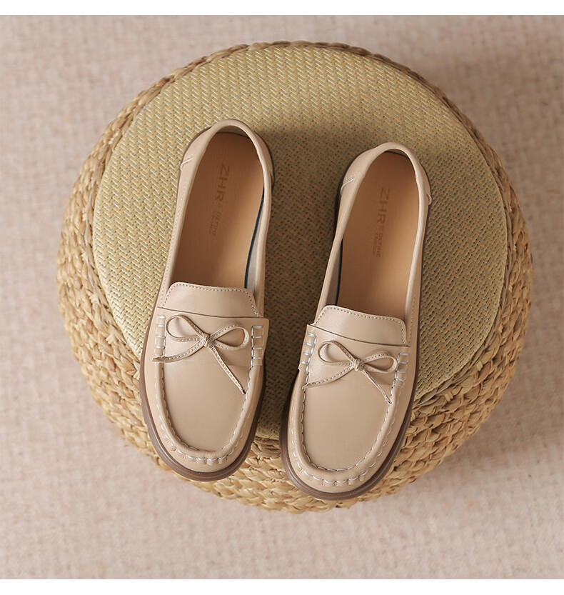 ZHR Women's Loafers, Spring And Autumn Genuine Leather, Two-Way Wear, Flat Single Shoes, Comfortable Commuter Women's Shoes, BT36, Beige, Size 40 21
