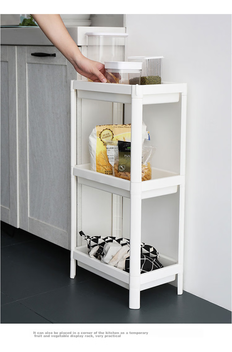 Youjialiangpin Bathroom Storage Rack, Floor-Standing, No Drilling Required, Four-Tier with Hanging Basket, White Plastic Storage Shelf 6