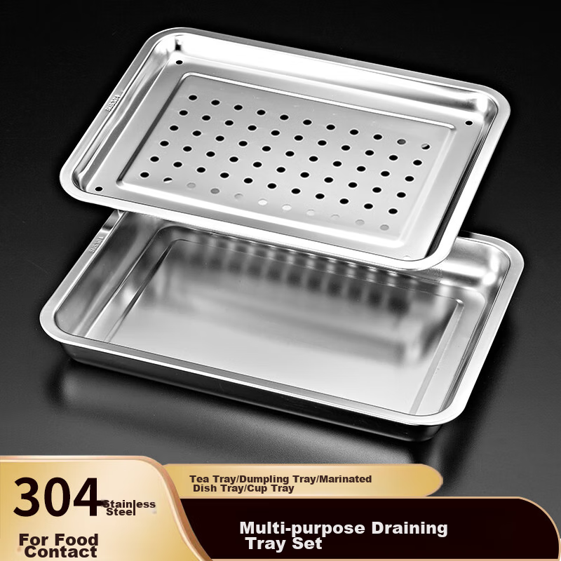 YUTAI 304 Stainless Steel Square Plate with Drainage Holes for Oil Separation, Dumpling Plate, Tea Tray, 35.5cm