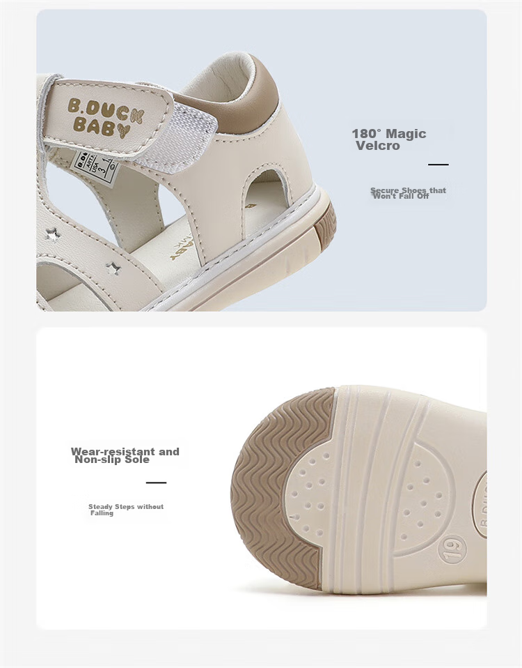 B.Duck Children's Closed-Toe Sandals, Boys And Girls Toddler Shoes, Summer Soft-Soled Leather Sandals, 6726 Beige, Size 18 7