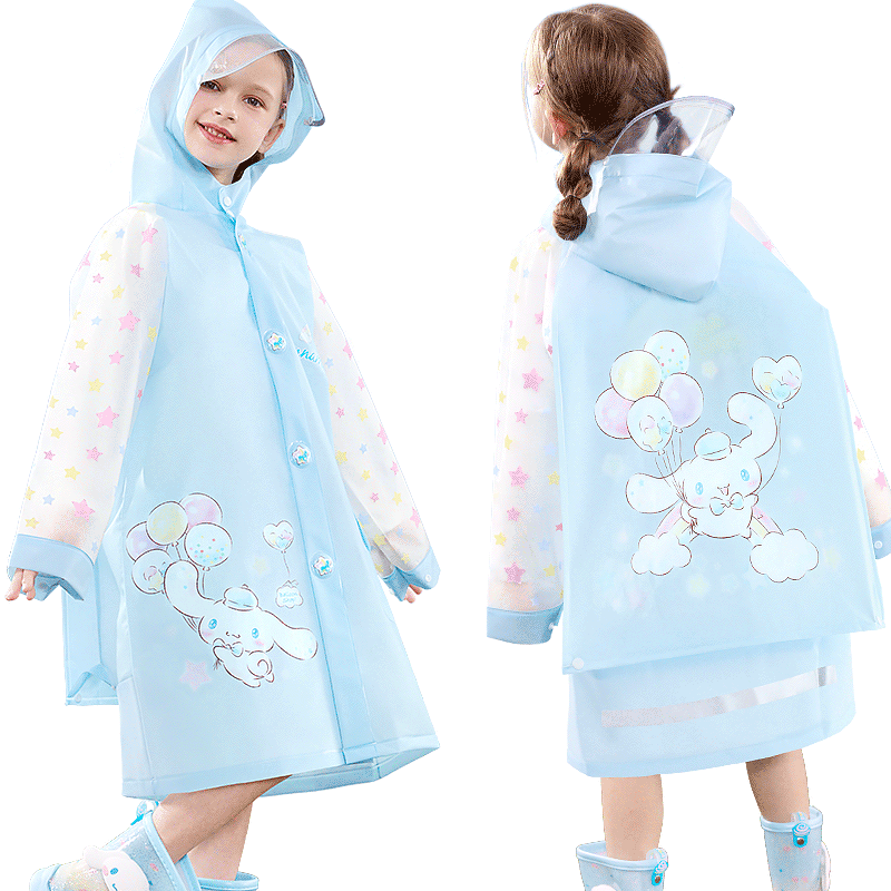Hello Kitty Children's Raincoat for Girls, Kindergarten, Toddlers, Elementary School Students, Backpack Position Waterproof Poncho, Jade Dog Blue, Size M