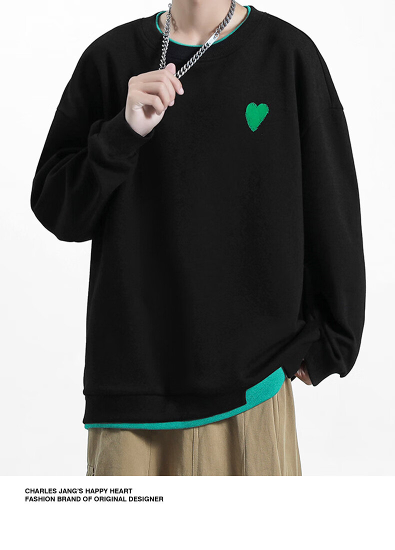 Chaersitaoxin Crew Neck Sweatshirt, Unisex Couple Matching Style, Long Sleeve, Solid Color, Simple Loose Fit, Faux Two-Piece Knit Top, Black, L 18