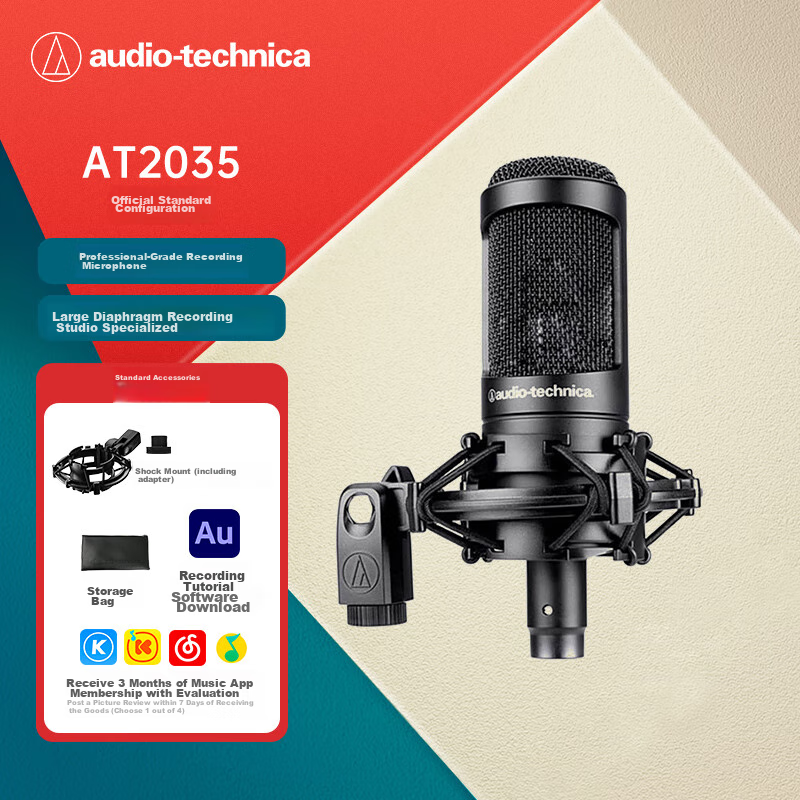 Audio-Technica AT2035BK Condenser Microphone for Live Streaming And Karaoke, Professional Recording, Heart-Shaped Directional Pickup, Large Diaphragm, External Sound Card, XLR Interface, Computer Karaoke Microphone