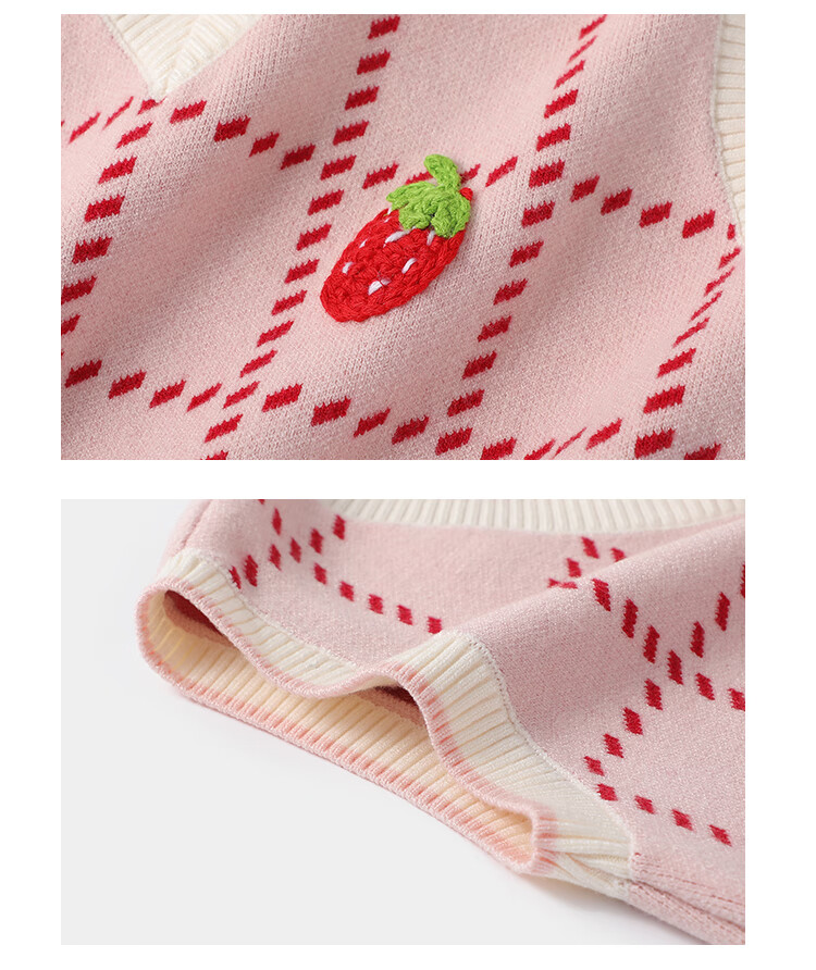 QQ DUCK Children's Clothing, Girls' Sweater Vest, Big Kids' Waistcoat, Knitted Sweater, Strawberry Plaid, Pink; 120 16
