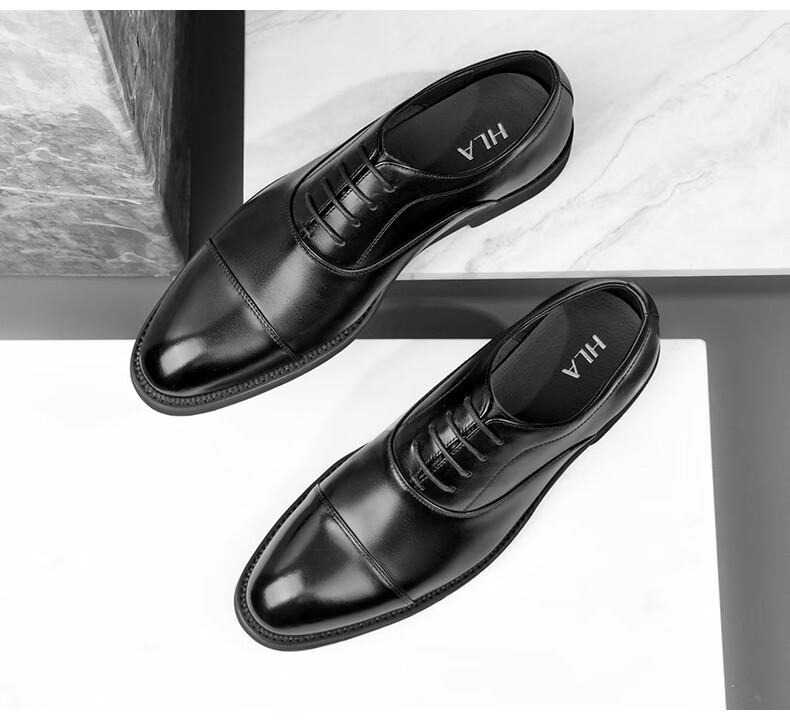 HLA Men's Leather Shoes, Business Oxford Formal Comfortable Versatile Leather Shoes HAAPXM1EBA064, Black Height-Increasing Style, Size 41 15