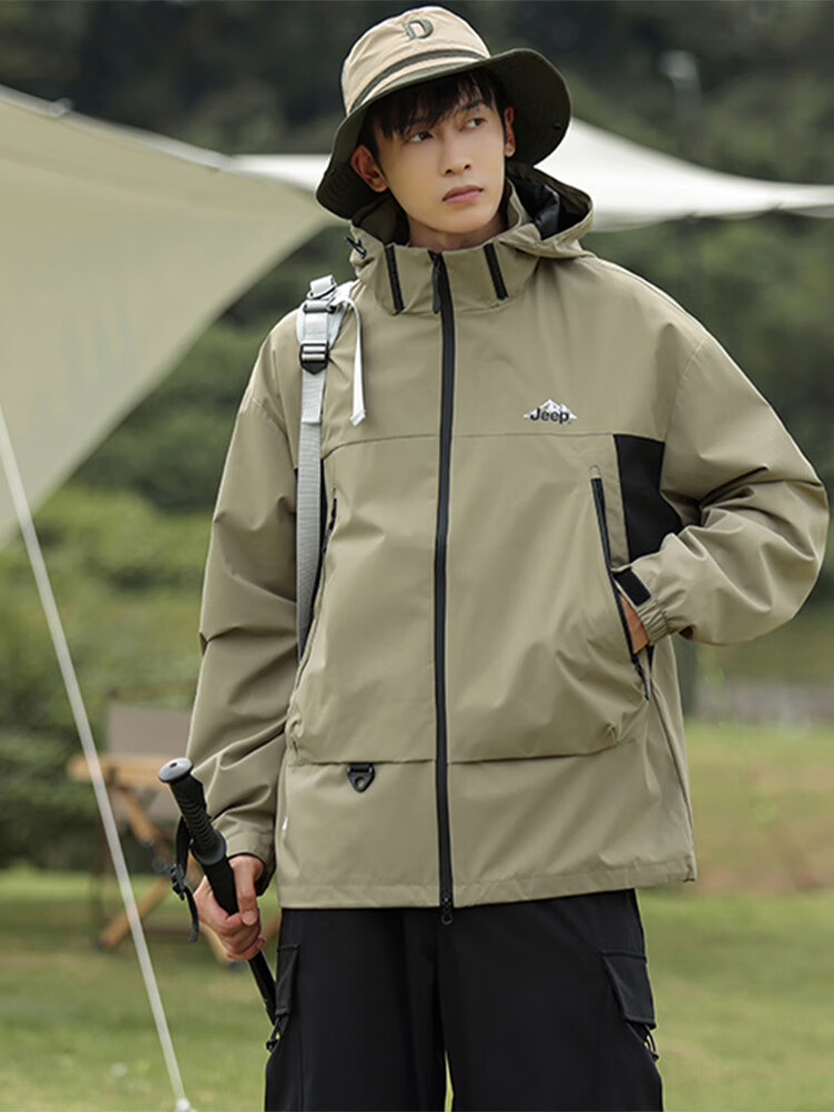 JEEP Men's Jacket, Spring And Autumn Loose-Fitting Hooded Sports Outdoor Clothing, Men's Outerwear 074, Black, Size L 14