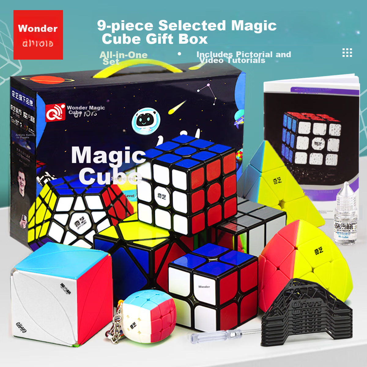 Qiyi 9-Piece Rubik's Cube Gift Set, 2x2 3x3 23x23 Mirror Pyramid, Children's Day Gift Toy