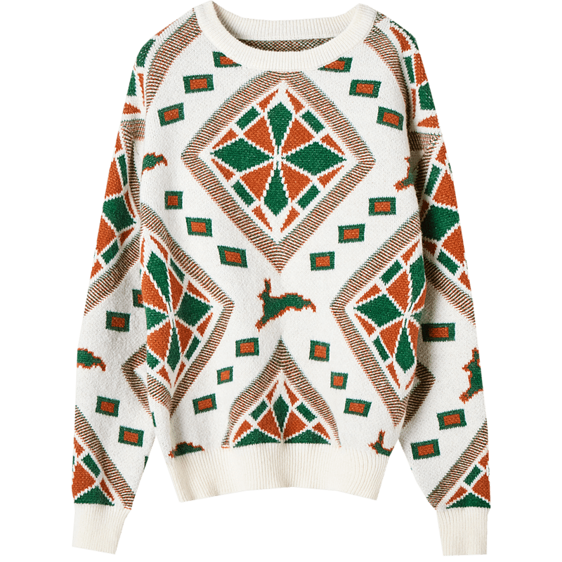 Dme [Geometric Knit Sweater], Spring And Autumn Commuter Round Neck Drop-Shoulder Long-Sleeve Slightly Elastic Simple Sweater for Wome