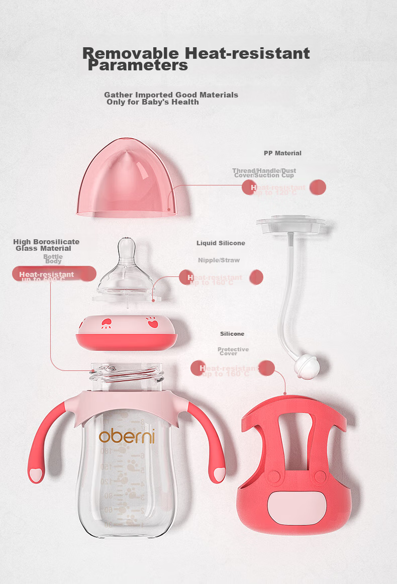 Oubeini Straw Bottle, Wide-Mouth Glass Bottle, Baby Bottle with Handle for 6 Months to 1-3 Years Old 10