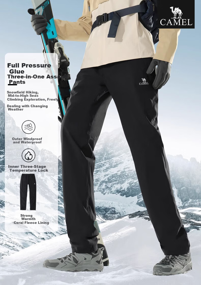 CAMEL Fleece-Lined Hiking Pants, Three-In Autumn And Winter Warm Mountaineering Ski Pants, 0045M Phantom Black, Men's M 1