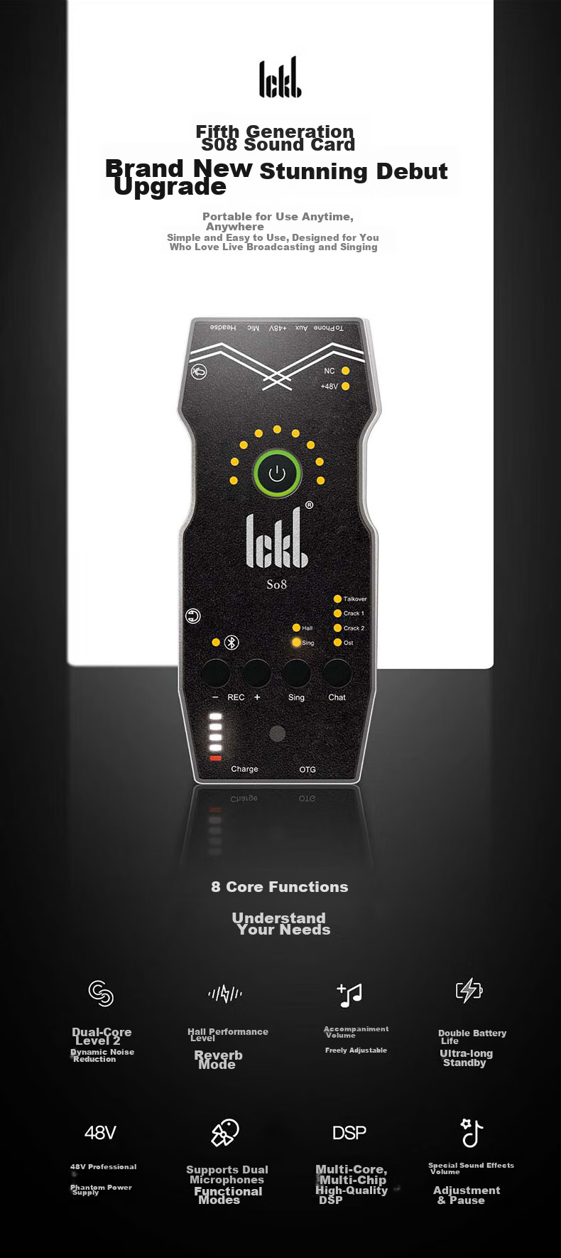 Ickb So8 Sixth Generation Sound Card CQA3317 Wireless Microphone Monitoring Headset Set, Mobile Phone Live Streaming Computer Universal Host Singing Karaoke Recording Live Broadcast Equipment Complete Set One-To 2