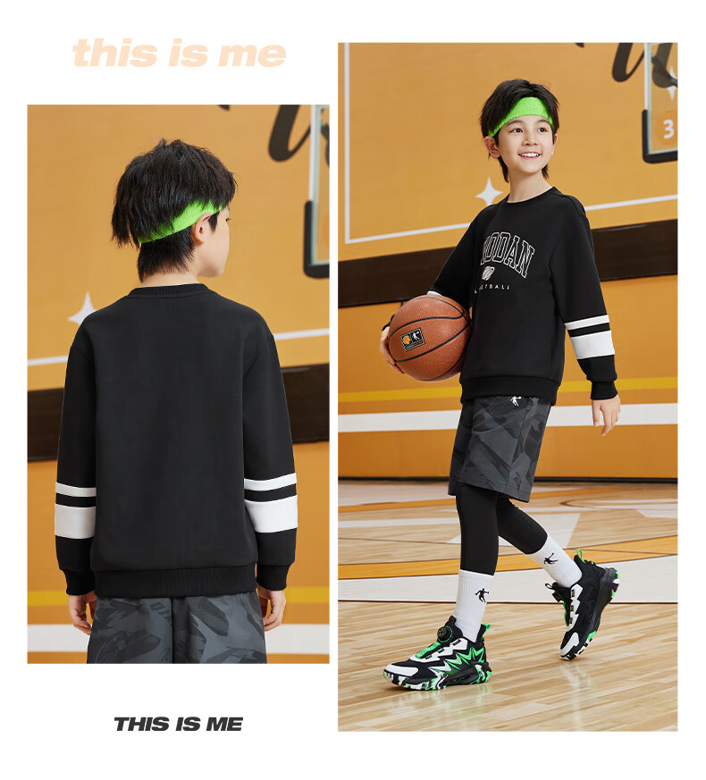 Jordan Boys' Crew Neck Sweatshirt Kids Pullover Long Sleeve Shirt Big Kids Long T-Shirt Black 130CM 7