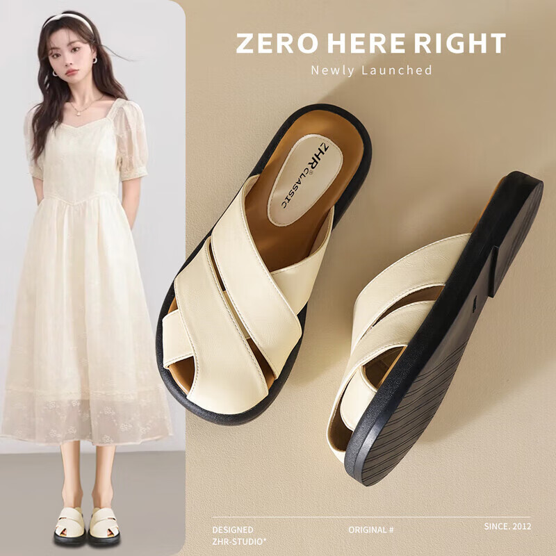 ZHR Women's Half Slippers, New Summer Style with Cross Straps And Closed-Toe Design, Fashionable Outdoor Women's Shoes, AB12 Beige, Size 38