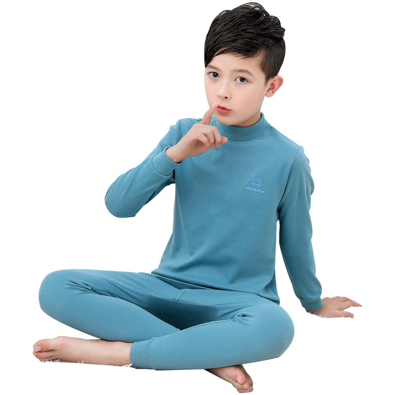 Hengyuanxiang Children's Cotton Underwear Set Boys Youth Autumn Clothes and Pants Mid-High Collar Dark Blue Size 150