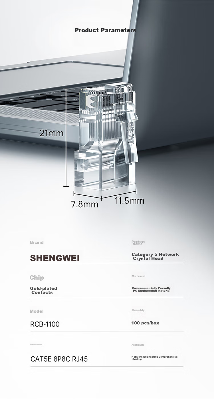 Shengwei Cat6 Crystal Head, Gigabit Ethernet Cable Network Connector, 50 Pieces/box, Engineering Grade, Metal Shielded RJ45 Gold-Plated 8-Core Broadband Cable Connector RC-6050 21