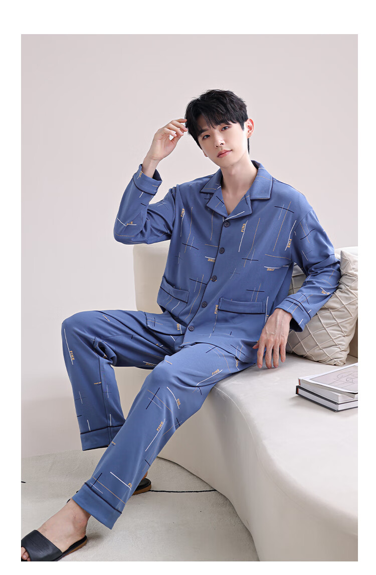 Nanjiren [10A Antibacterial] Men's Cotton Pajamas 2026 Spring Summer Cardigan Printed Blue Homewear Outerwear 12