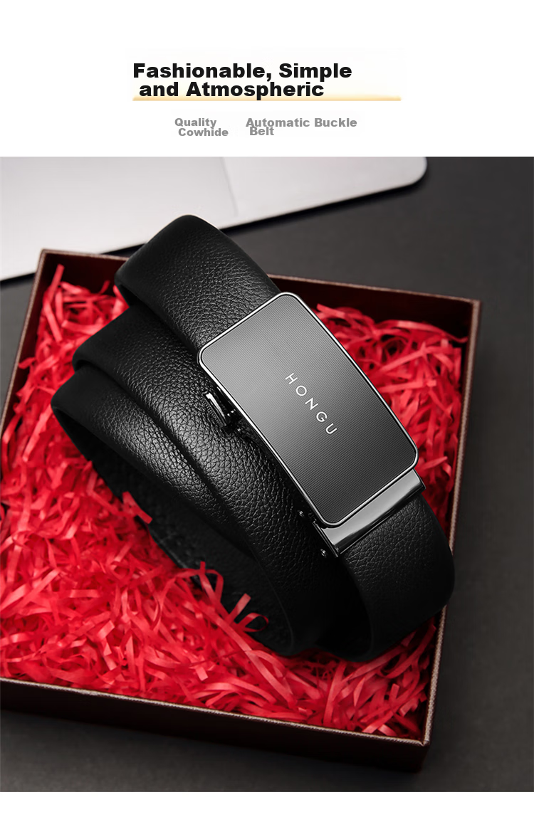 HONGU Men's Belt, Top-Grain Leather, Casual Business Automatic Buckle Trouser Belt Gift Box, Birthday Present 1