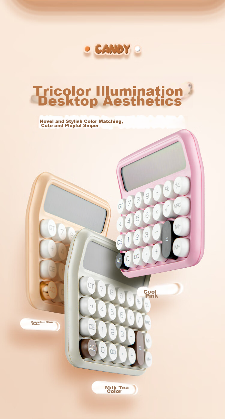 COMIX Calculator Candy Bean Dot Design, Desktop Computer, Cute 12-Inch Wide Screen Office Financial Office Supplies Gift, C-2023 Cool Pink 6