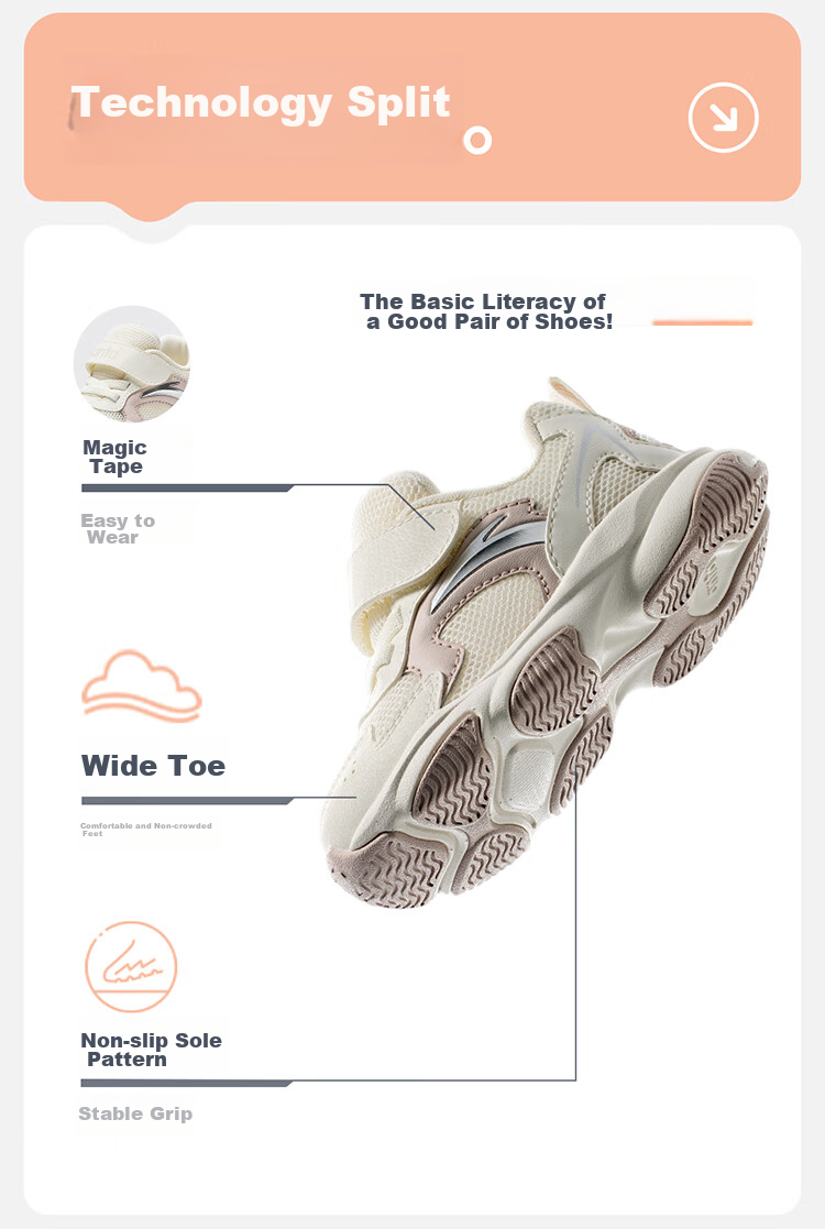 Anta Kids Autumn Sports Shoes Girls Baby Velcro Non-slip Walking Casual Shoes A12430003H 3