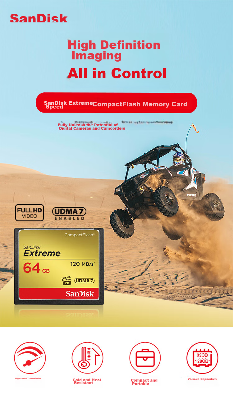 Sandisk 64GB CF (CompactFlash) Memory Card UDMA-7 Extreme Pro Storage Card Read Speed 120MB/s Write Speed 85MB/s DSLR Camera Memory Card 4