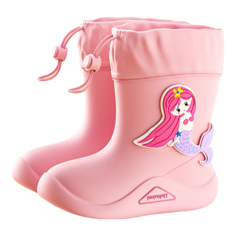 Moremerry Children's Rain Boots for Boys And Girls, Waterproof 3D Cartoon Non-Slip Wear-Resistant Baby Rain Shoes, Pink Mermaid Design, Size 19