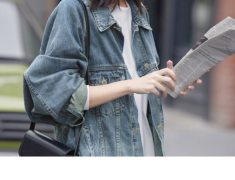 Dme [Danning Jiini] Spring And Autumn Vintage Commuter Distressed Lapel Loose-Fitting Petite Elegant Women's Denim Jacket 9