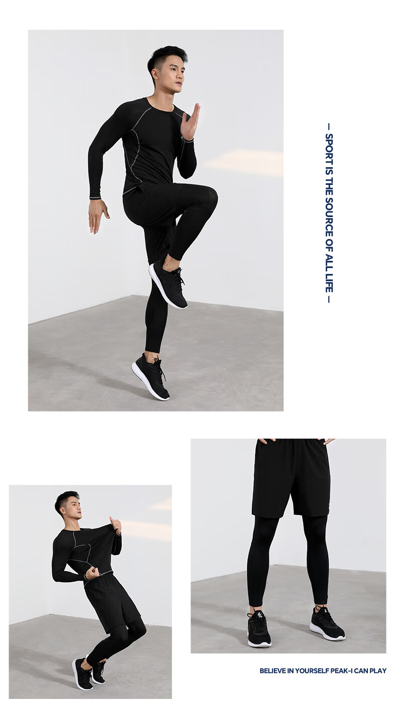 PEAK Fitness Clothing Set for Men, Quick-Dry Shirt, Sweat-Wicking And Breathable, High-Elasticity Badminton Training Three-Piece Set, Black 9