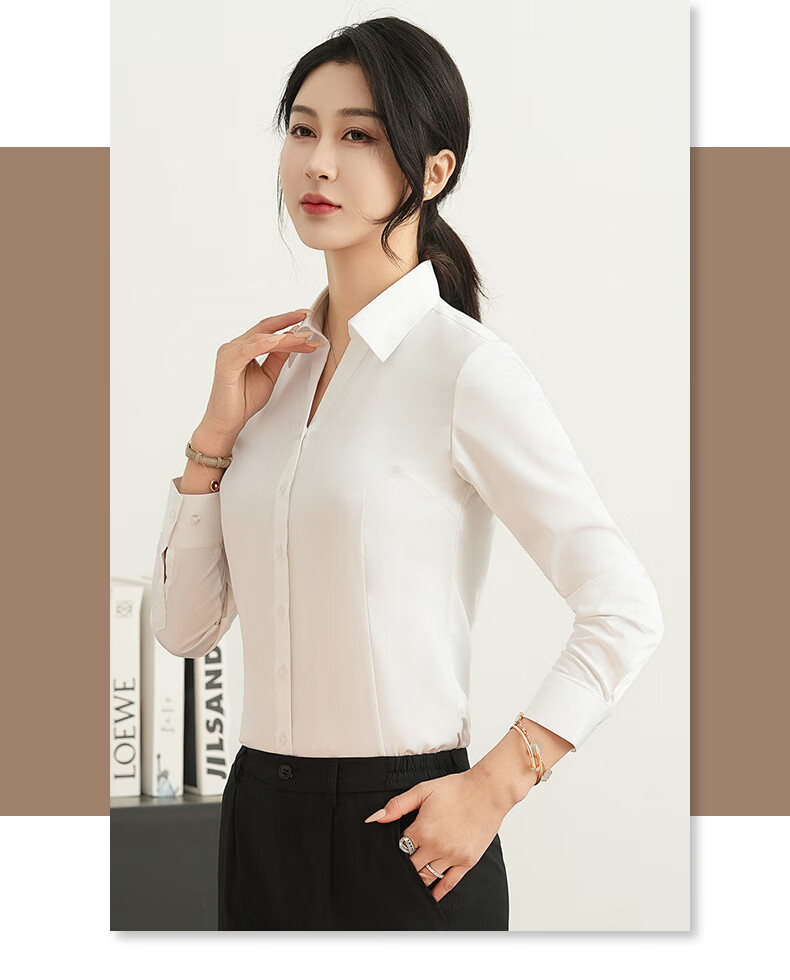 ROMON [Bamboo Fiber] Long-Sleeve Shirt for Women, V-Neck Slim Fit Business Casual Professional Work Uniform White Blouse Top Women's Clothing 1