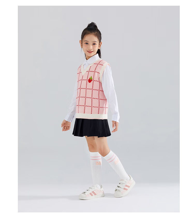 QQ DUCK Children's Clothing, Girls' Sweater Vest, Big Kids' Waistcoat, Knitted Sweater, Strawberry Plaid, Pink; 120 13