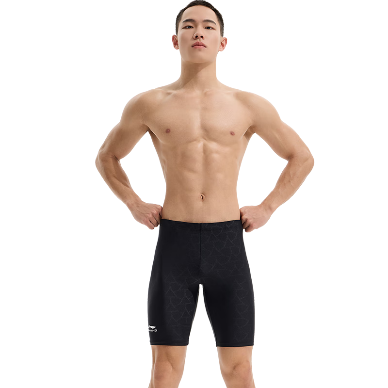 Li-Ning Men's Swim Trunks, Anti-Embarrassment Knee-Length Swimming Shorts, Textured Hot Spring Swimwear for Men 8301 Black XXXL