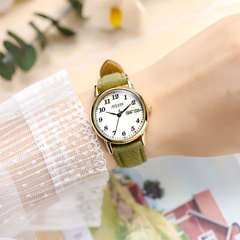 Julius Watch for Women, Retro Dual Calendar Elegant Versatile Youth Quartz Student Exam Watch, Army Green JA-1472C