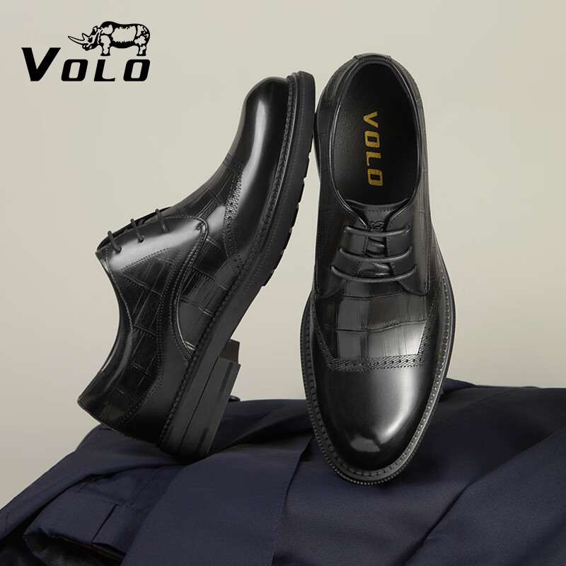 VOLO Rhinoceros Business Formal Leather Shoes, British Style Derby Shoes, Men's Casual Shoes, Black, Size 44